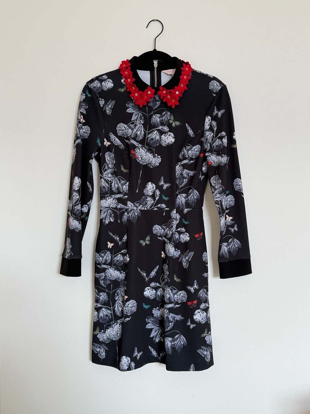 Ted Baker Narnia Dress Red Floral Collar Butterfly Print pockets Sz 0